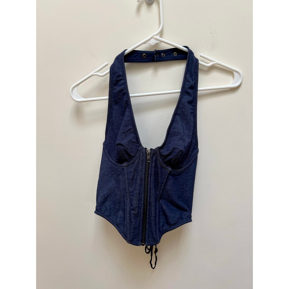 Corset Top Womens Sp Bustier Blue Denim look Halter Zip Front Lace Up Back